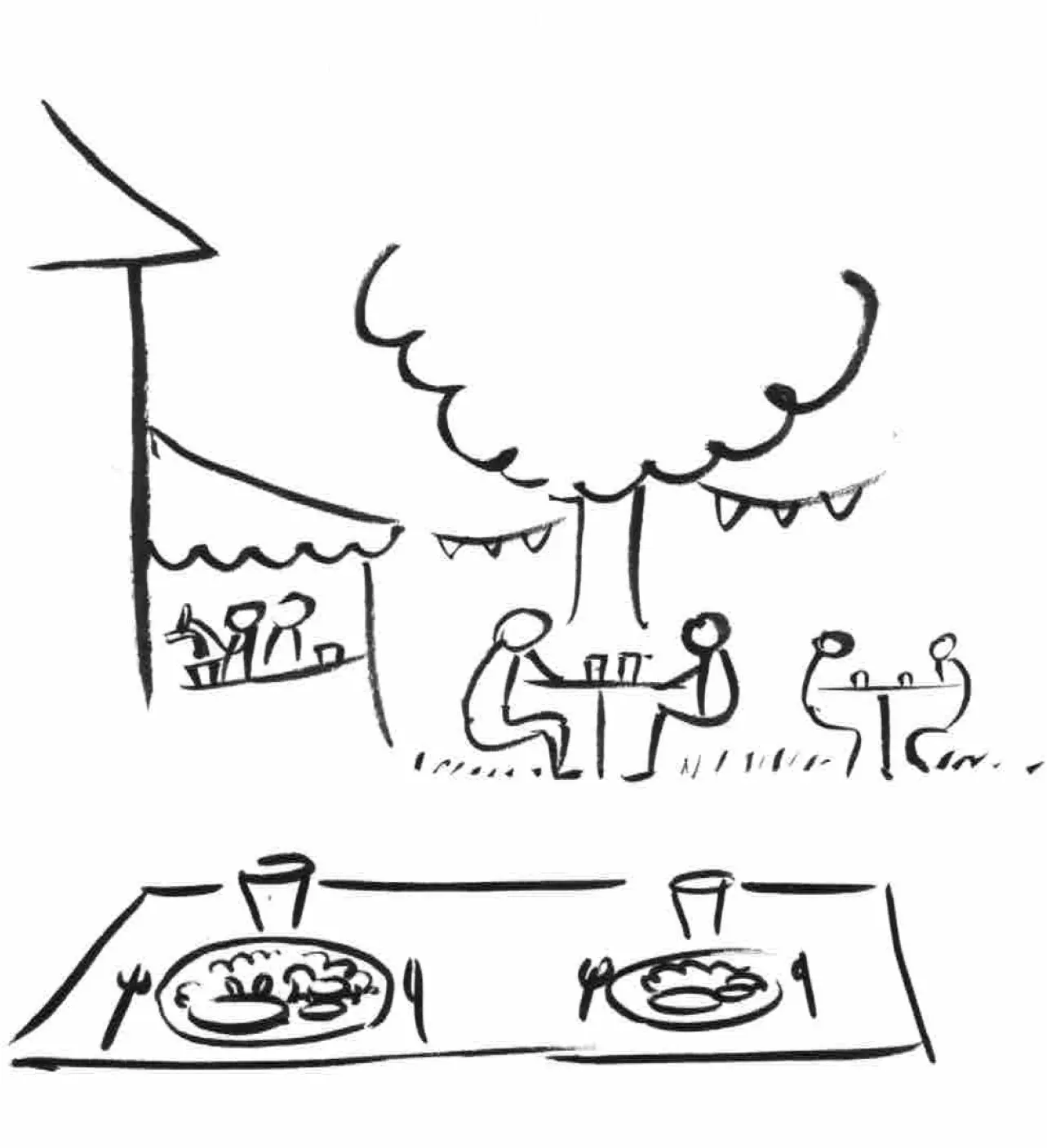 Dessin de la guinguette du moulin : tables, guirlandes et grand arbre